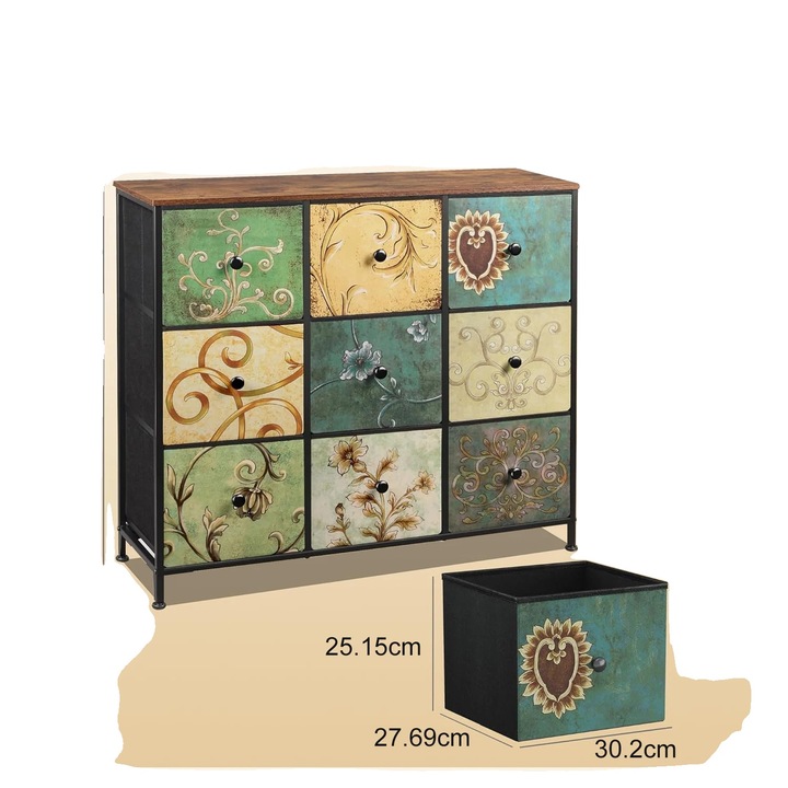 Kényelmes, 9 fiókos textil komód, masszív fémkeret, változó méretek