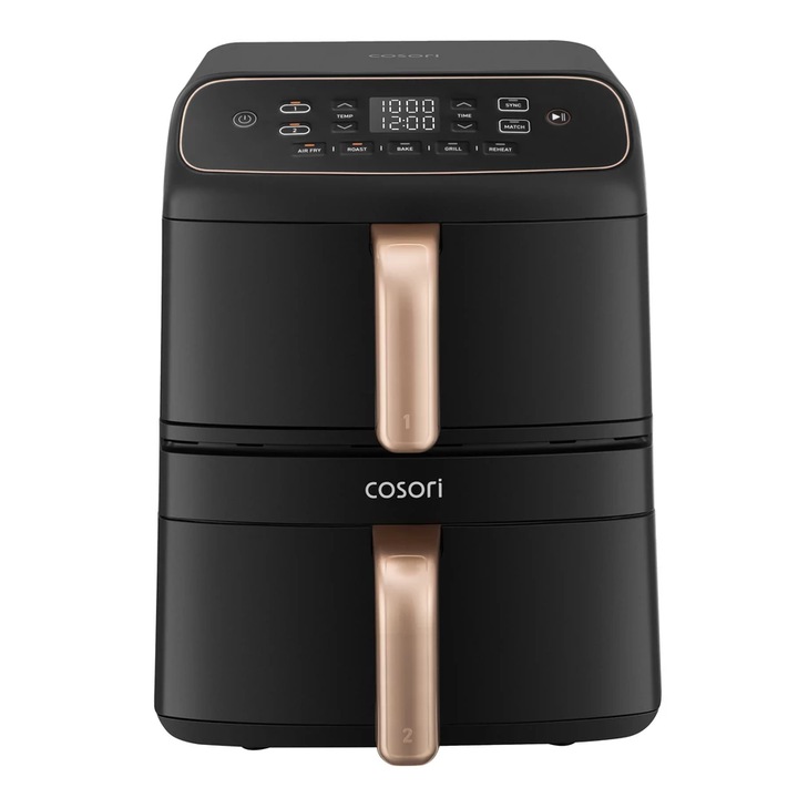 Friteuza cu aer cald Turbo Tower Compact COSORI Airfryer 8, 6 L, cu 2 cosuri, Invelis Ceramic fara PFAS, 6 moduri de gatit, BPA-Free, Ventilator Multiplu