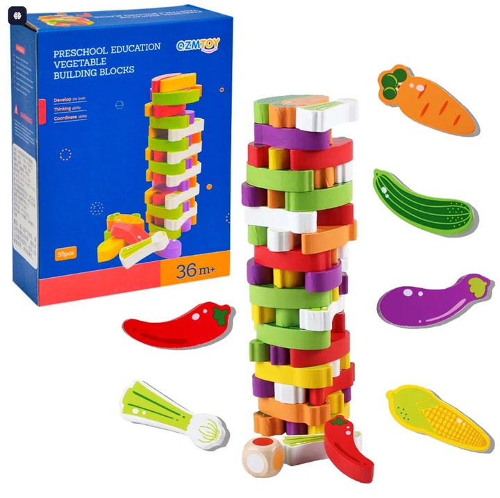 Joc Jenga din Lemn cu Legume si Zar, 55 Piese, Turn Instabil Vegetable Building Blocks, Joc Educativ 3+ Ani, Dezvoltare Motricitate si Logica