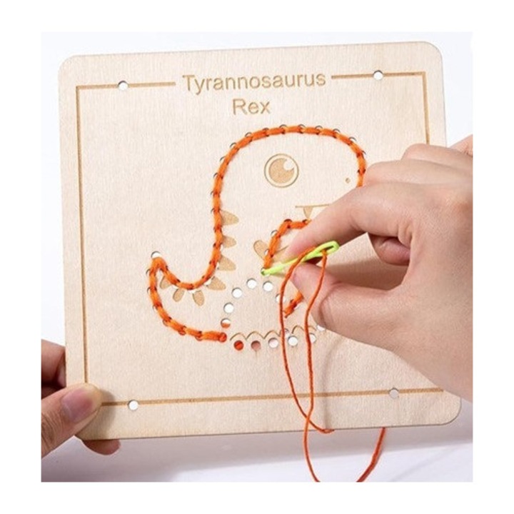 Fa varráskészlet 4 állatmintával, Lekerekített műanyag varrótűk, Fára hímzés, Nyúl, Kacsa, Macska, Kutya