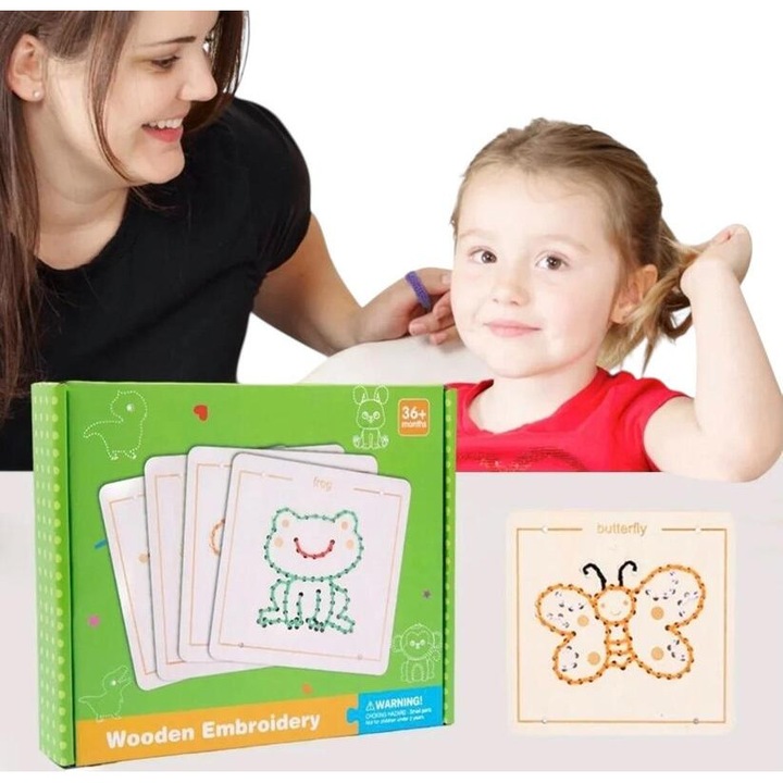 Fából készült varrókészlet 4 állatfigurával, lekerekített műanyag varrótűkkel, fára való hímzés, pillangó, béka, szitakötő, katicabogár