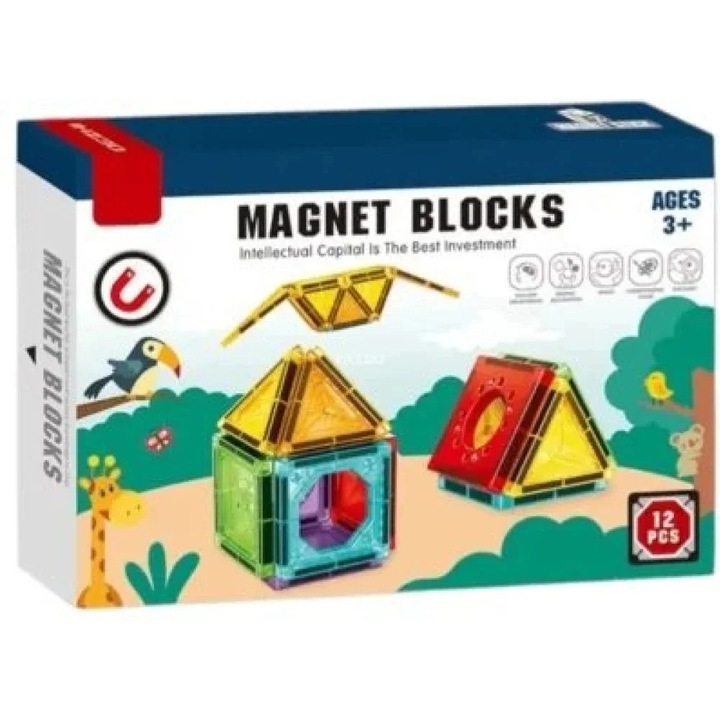 Magnet Blocks - Set Magnetic de Constructii Creative pentru Copii 3+, 12 Piese, E-Toy®