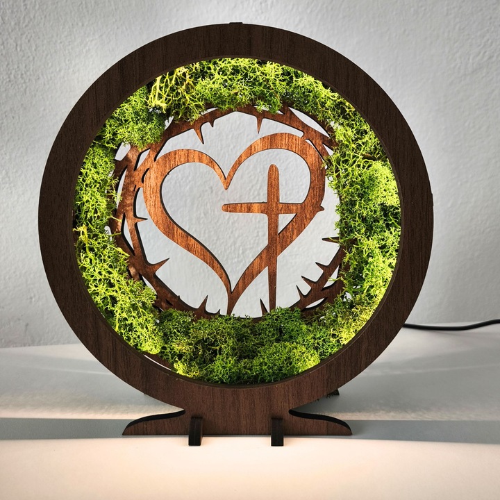 Lampa LED decorativă cu muschi, inimă și cruce, nuanță nuc wenge, 30x31x5cm