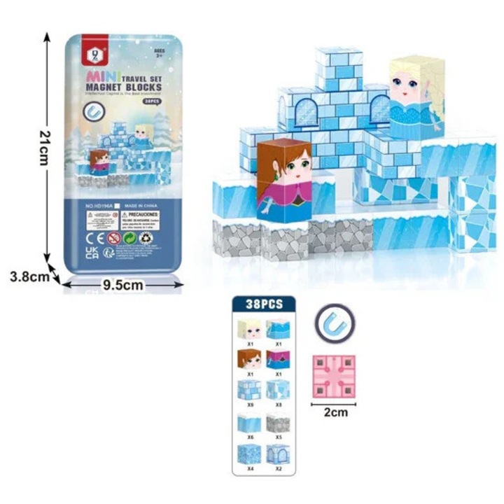 Blocuri magnetice de constructie, 38 piese, compatibile Minecraft, joc educativ STEM pentru creativitate, plastic ABS, Printesa zapezii, E-Toy®