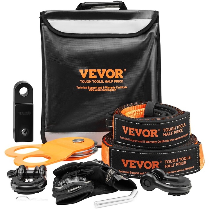 Kit de recuperare Off-Road VEVOR, 3" x 30', 2 chingi de tractare 13608 kg, 2 D-Ring Shackles, manusi, geanta de depozitare