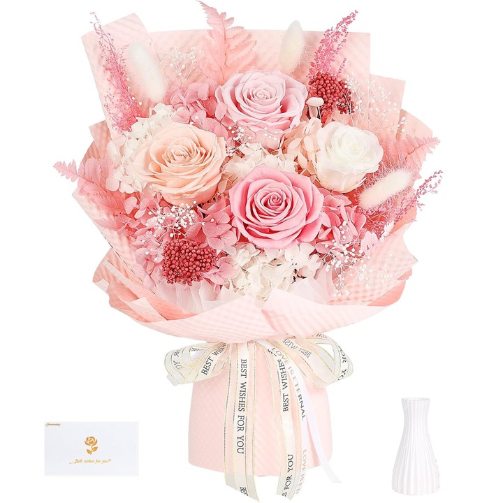 Buchet de flori uscate Excitat@, 4 buchete de trandafiri cu durata lunga de viata, Cadou pentru femei, Buchet decor, Cadouri pt dama, mama, iubita, sotie, iubita, sora, educatoare, profesoara