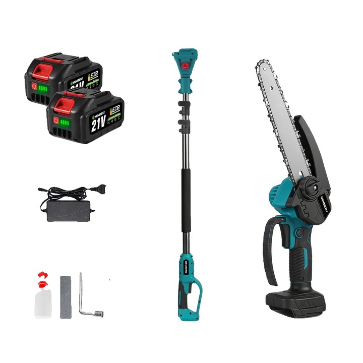 Elektromos láncfűrész, 2 akkumulátor, nagy vágási teljesítmény, 8 hüvelykes méret, teleszkópos kialakítás