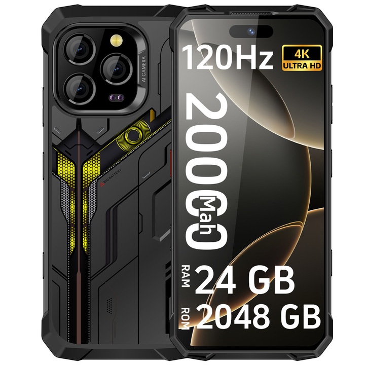 Telefon mobil Ginawe S18 Pro Max, 4G, 24GB Ram(20GB + 4GB extensibili),2048GB, 64MP, display 6.8'', Android 14, 20000mAh, 120hz, Rezistent la praf/anti-picatura/impermeabil, Deblocare amprenta/Fata ID/NFC, Negru