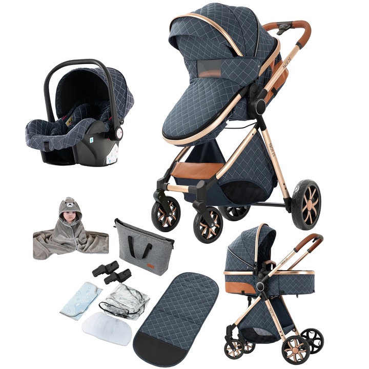 Carucior 3-in-1, albastru, design convertibil, 20 Kg, set cu 7 accesorii