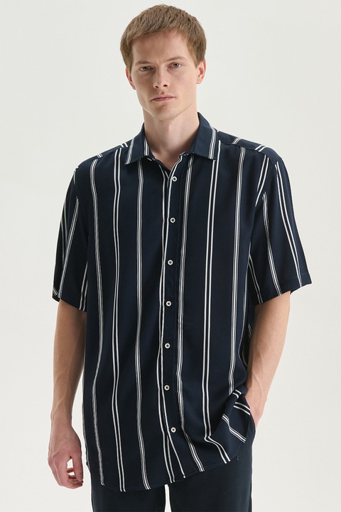 LC WAIKIKI, Camasa lejera cu model in dungi si maneci scurte, Alb/Albastru ultramarin