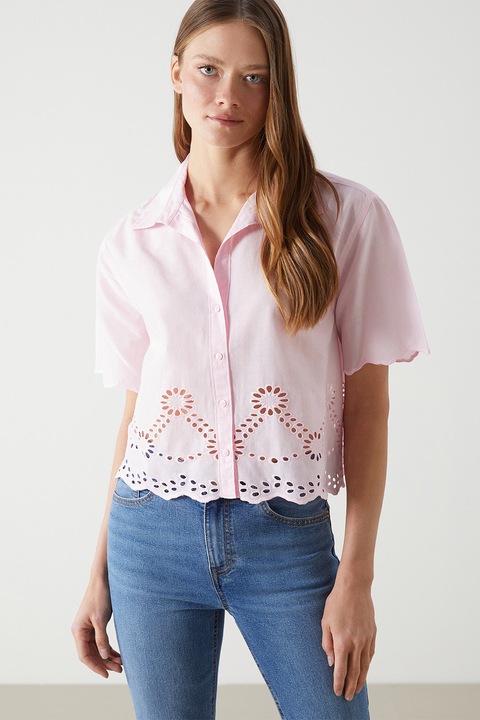 LC WAIKIKI, Camasa crop cu maneci scurte si model cu perforatii, Roz pastel