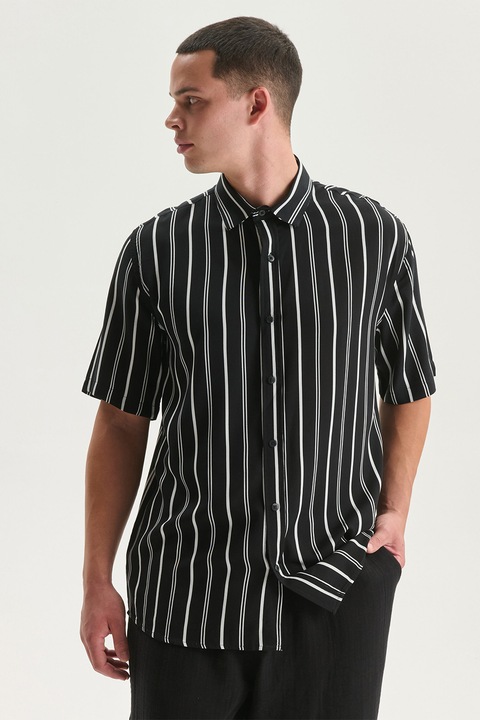 LC WAIKIKI, Camasa cu model in dungi si maneci scurte, Alb/Negru