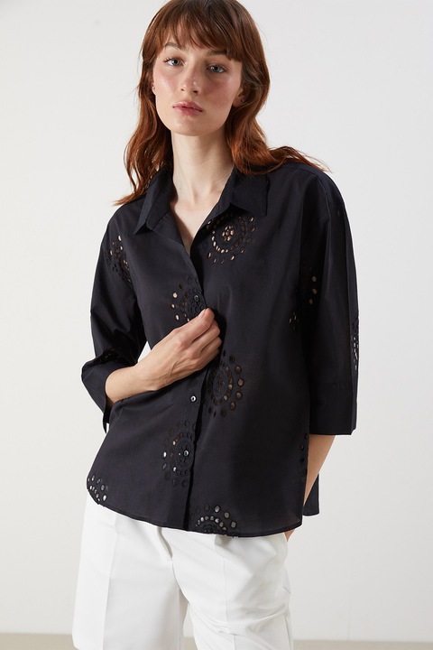 LC WAIKIKI, Camasa de bumbac cu broderie Sangallo, Negru