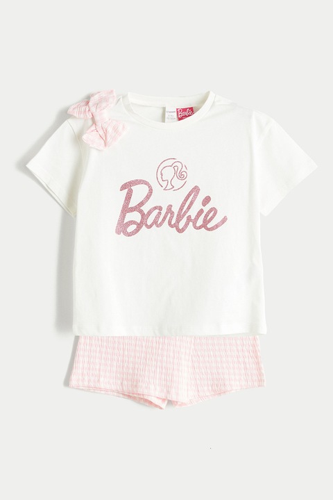 LC WAIKIKI, Set de tricou cu imprimeu Barbie si fusta-pantalon mini in carouri - 2 piese, Alb/Roz aprins
