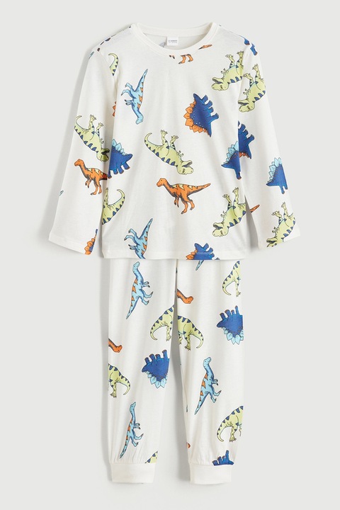 LC WAIKIKI, Pijama cu pantaloni lungi si imprimeu dinozaur, Alb/Albastru