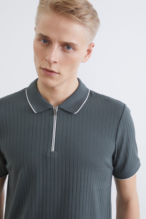 LC WAIKIKI, Tricou polo cu fenta cu fermoar, Verde inchis