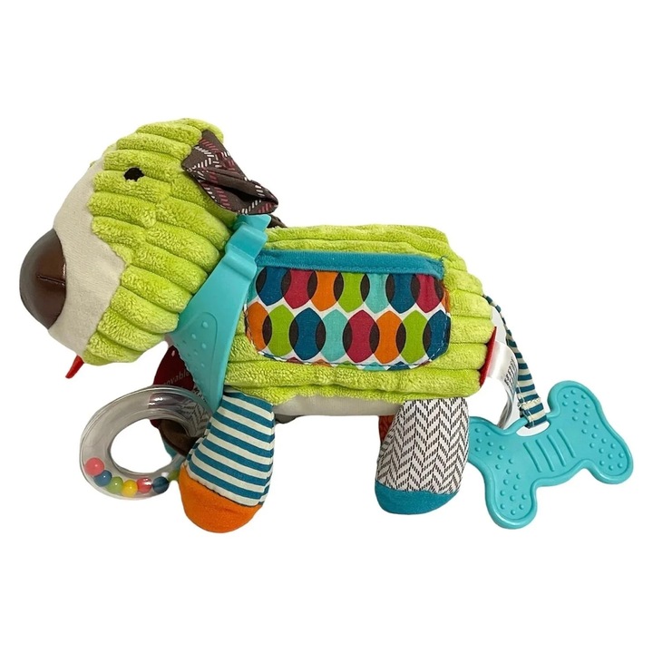 Jucarie interactiva plus catelus multicolor cu zornaitoare, inel de dentitie si texturi variate pentru bebelusi, SARALMA®