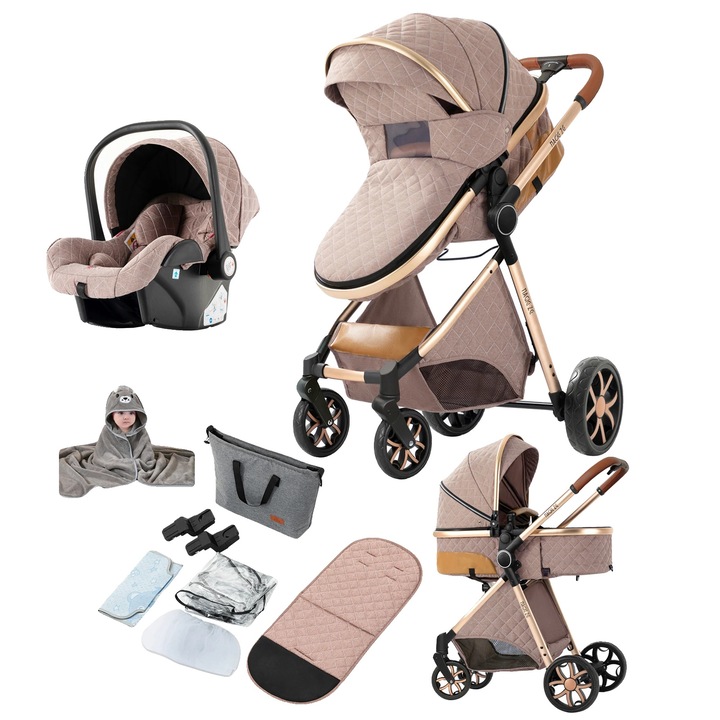 Carucior 3-in-1, Khaki, 20 Kg, cu 7 accesorii