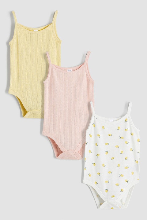 LC WAIKIKI, Set de body cu bretele multiple si capse - 3 piese, Alb/Roz pastel/Galben pal