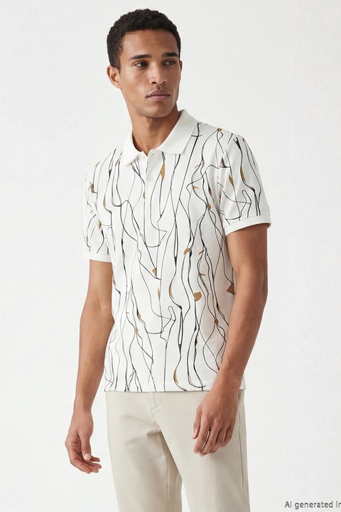 LC WAIKIKI, Tricou polo din bumbac cu imprimeu, Alb fildes/Negru