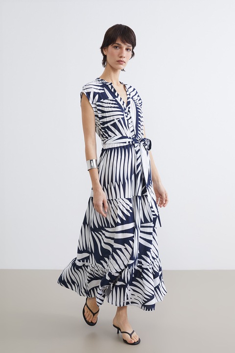 LC WAIKIKI, Rochie lunga cu imprimeu tropical, Alb/Bleumarin