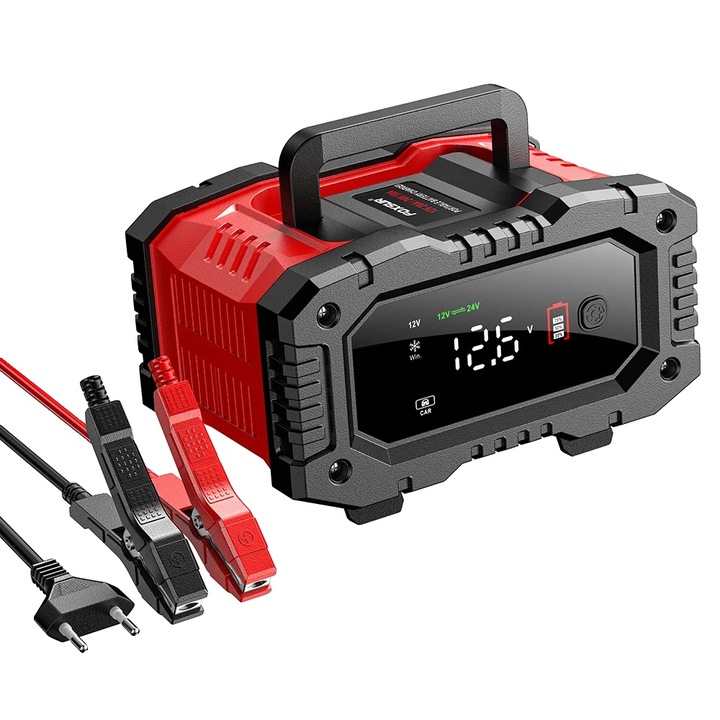 Autós akkumulátortöltő 12V/24V, 20A, 7 fokozatú automata töltés, piros