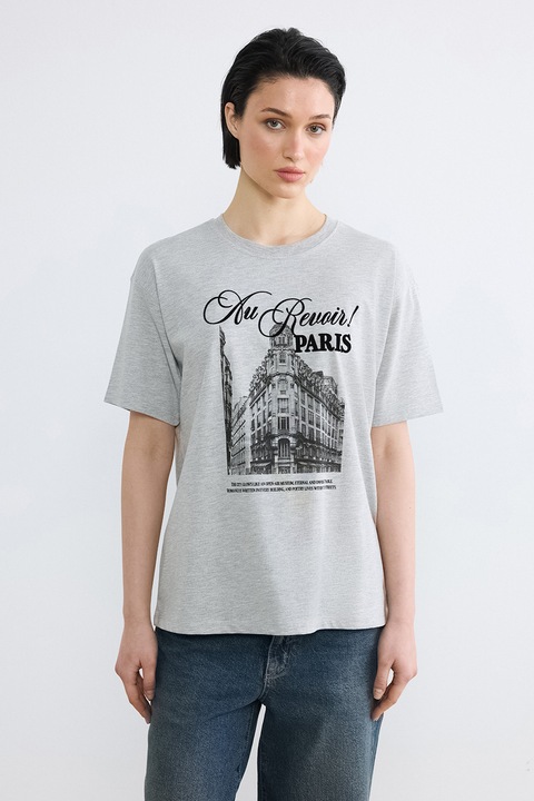 LC WAIKIKI, Tricou din amestec de bumbac cu imprimeu grafic, Negru/Gri melange