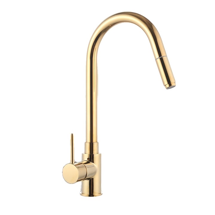 Sanitér csaptelep, 360°-ban forgatható, kihúzható tömlő 1.5 m, munkalapra szerelhető, sárgaréz, 23x40cm