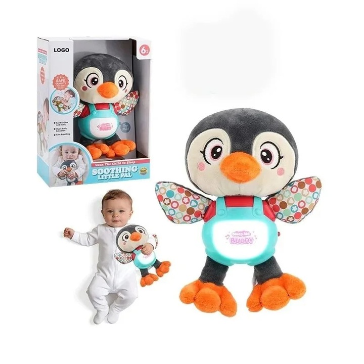 Pinguin de plus interactiv cu lumini si sunete, ajutor pentru somn bebelusi si copii 6+ luni, SALLMA®