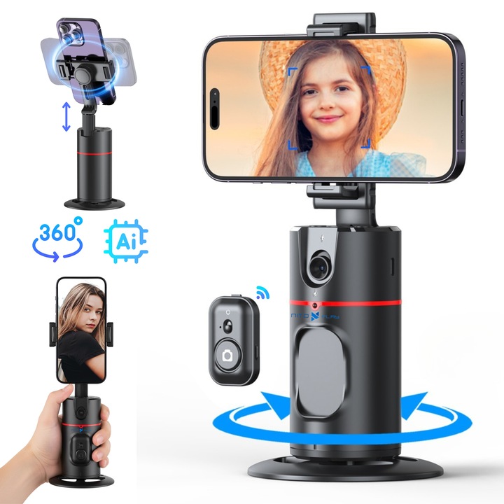NITOPLAY® S2 Okostelefon Stabilizátor / Tartó, Arc- és Testkövetés, 360°-os Forgatás, Automatikus Arckövetés AI-val, Gesztusvezérlés, Távirányító, Kompatibilis Állvánnyal, Kompakt, Fotó / Videó Stabilizálás TikTok, YouTube, Streaming céljára