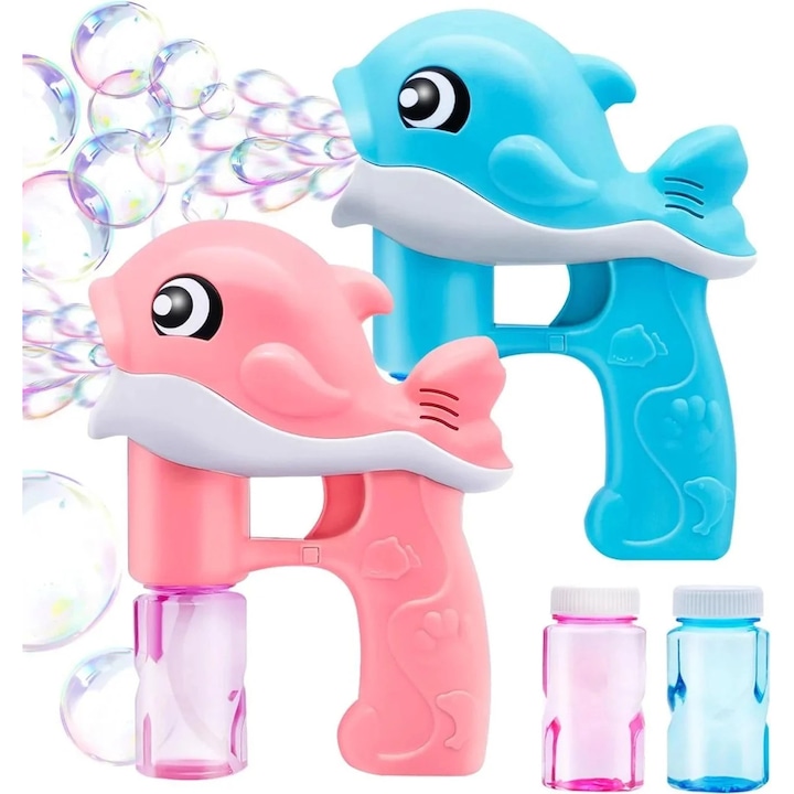 Set 2 pistoale de facut bule in forma de delfin, jucarii din plastic roz si albastru pentru copii, E-Toy®