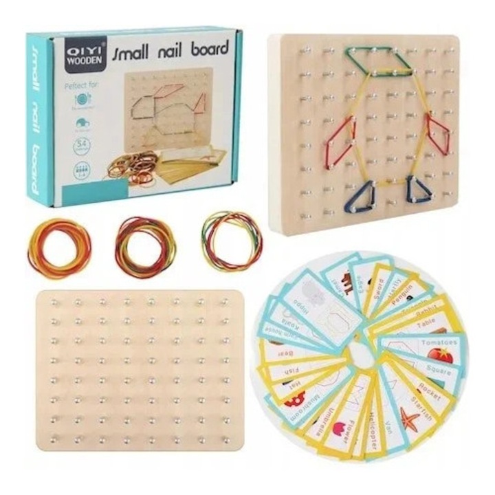 Placa educativa din lemn geoboard cu elastice colorate si carduri ilustrate pentru copii 3 ani+, SARALMA®