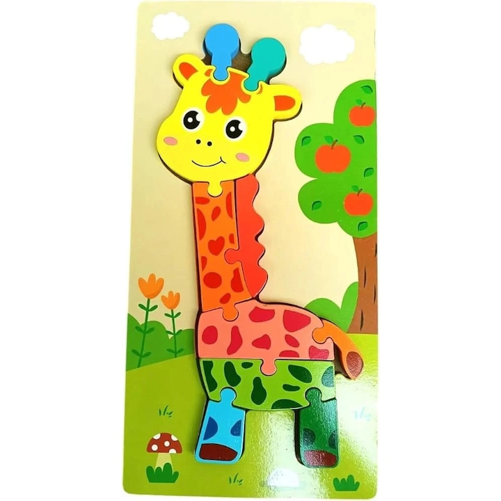 Puzzle educativ din lemn in forma de girafa cu piese colorate pentru invatare prescolara, ETOY®