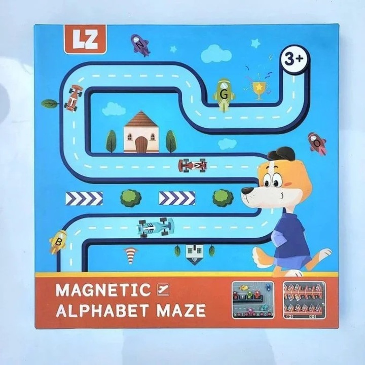 Joc educativ interactiv magnetic labirint cu alfabet LZ si masinute pentru copii 3+ ani, E-Toy®