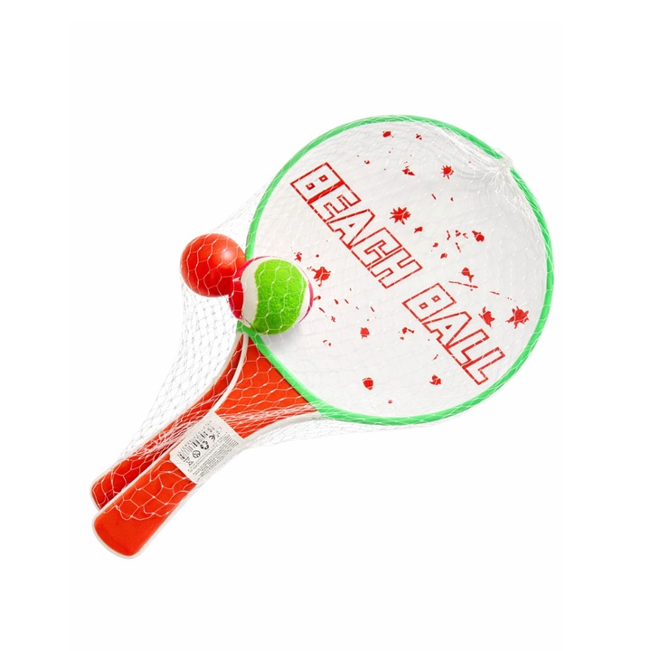 Set 2 palete tenis de plaja, mingi incluse, lemn+plastic, multicolor, 30 cm
