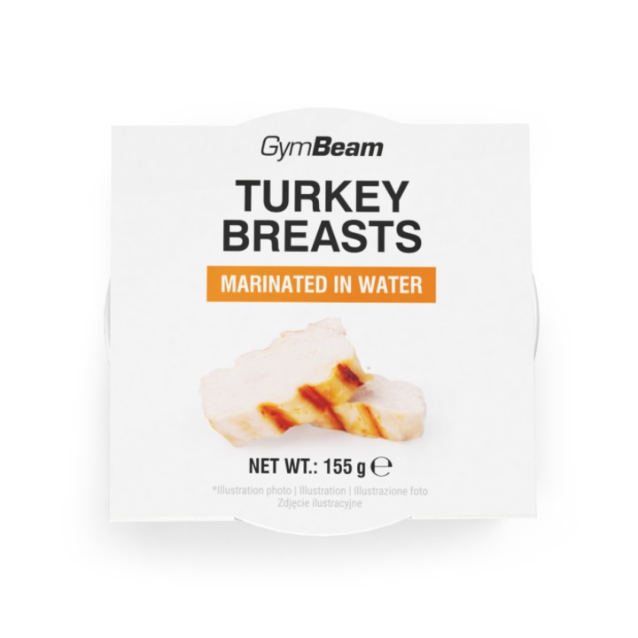 Piept de curcan marinat în apă, GymBeam, conservă, 155 g, bogat în proteine, conținut scăzut de grăsimi