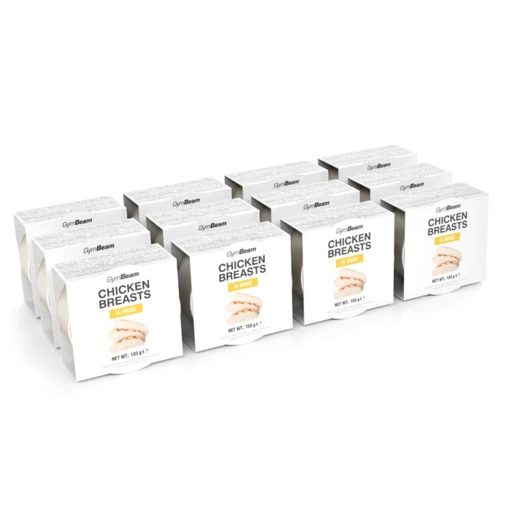 Piept de pui în suc propriu, GymBeam, 12 x 155 g, conservă, bogat în proteine, fără gluten, fără aditivi