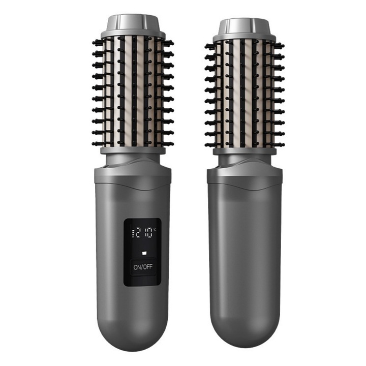 Hajegyenesítő kefe, kettős funkcióval az egyenesítéshez és göndörítéshez, volument ad, hordozható, vezeték nélküli, 21 mm-30 mm, minden hajtípushoz alkalmas, Szürke