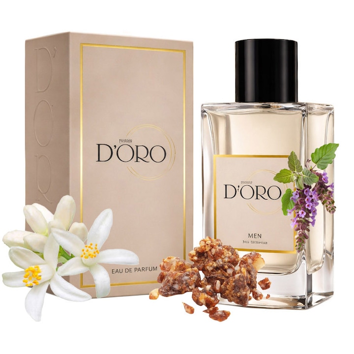D'oro M87 Guilty férfi Eau de Parfum, narancsvirággal, íriszvajjal, benzoingyantával és pacsulival, fás-virágos ámbrás, kifinomult, merész és érzéki illat, 100ml