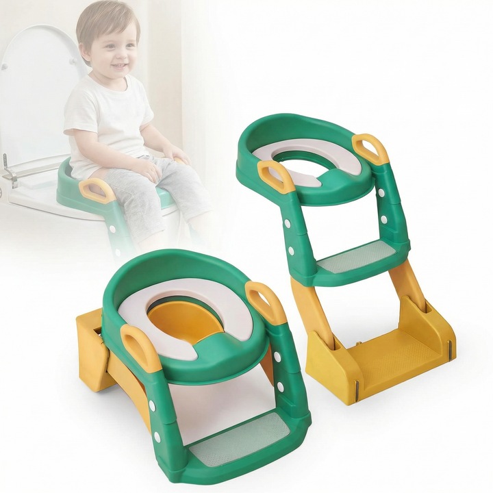 Reductor WC Copii cu Scarita LittleDomi, 3in1 Pliabil, Colac Moale PU Lavabil, Olita Detasabila, Anti-Stropire, Trepte Anti-Alunecare Reglabile, Manere de Siguranta, Universal Toate Toaletele, 2-7 ani, Verde