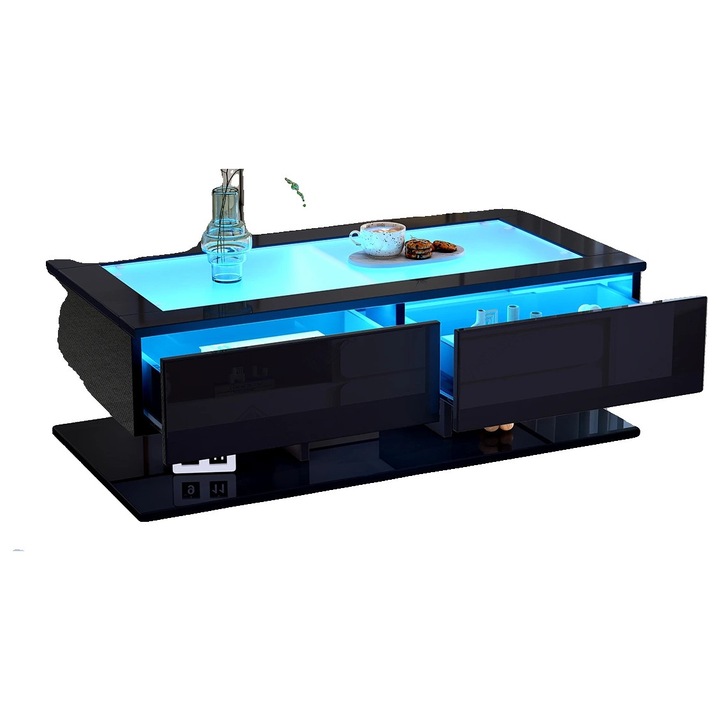 Маса за кафе, LED осветление, управлявано чрез приложение, две чекмеджета, черна, 100x50x35см
