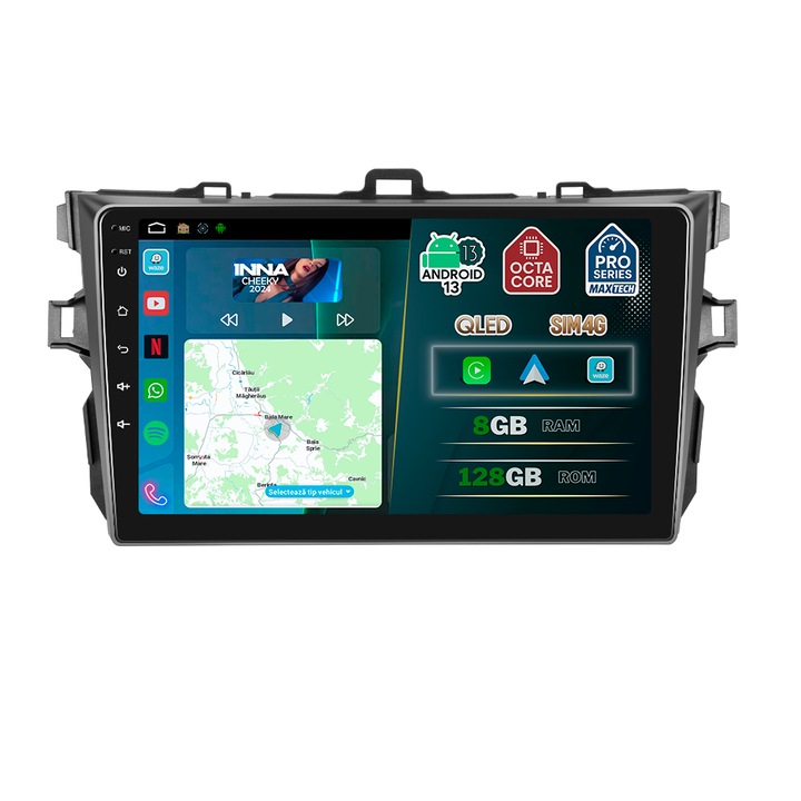 Navigatie Toyota Corolla (2007-2013) dedicata, MaxTech® PRO SERIES, 8 GB Ram 128 GB Rom OctaCore, Carplay & Android auto, Ecran 9” HD Touch, SIM 4G, GPS, Wifi, Bluetooth, Radio