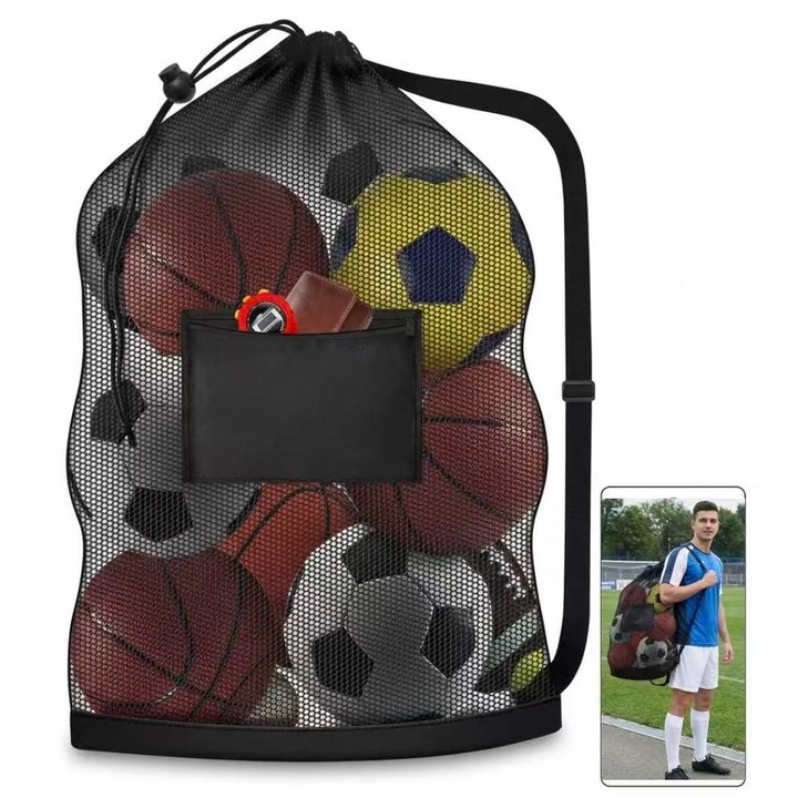 Sac plasa baschet minge capacitate mare 10 mingi, sac sport plasa transport umar, geanta plasa antrenament fotbal volei, 45x35cm, 150g