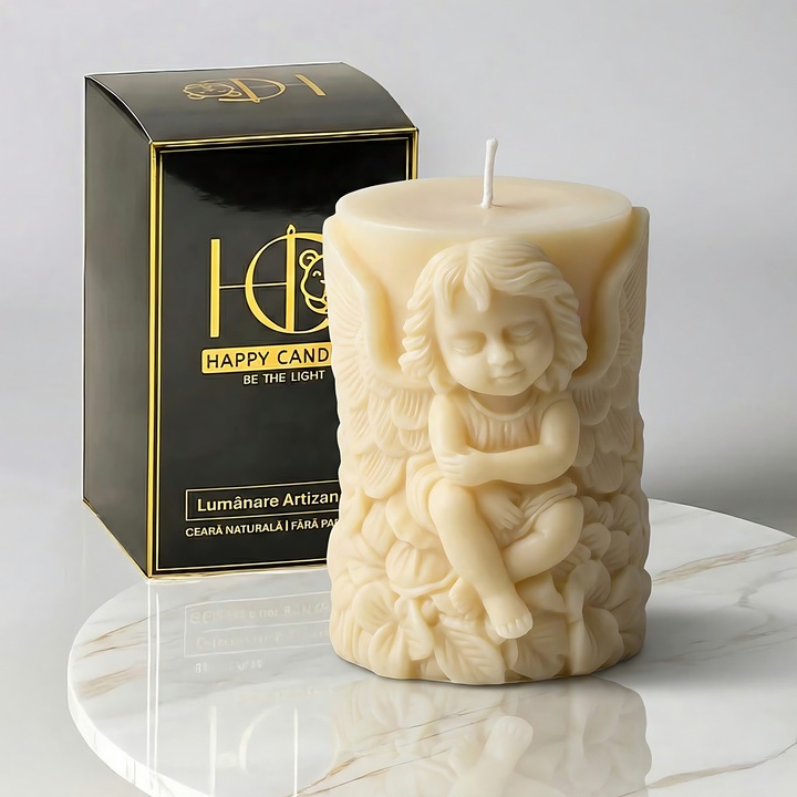 Lumanare din ceara naturala de albine, Happy Candles, Ingerul Pazitor, Fildes, Handmade, Paste, Craciun, 320g