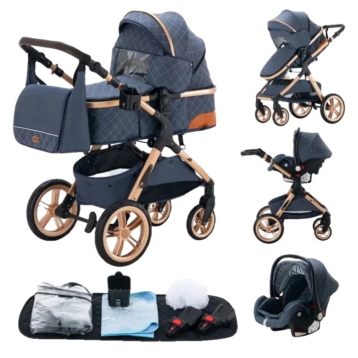 Carucior 3-in-1, TFGX1, design versatil, usor, albastru, pentru nou-nascuti si copii mici