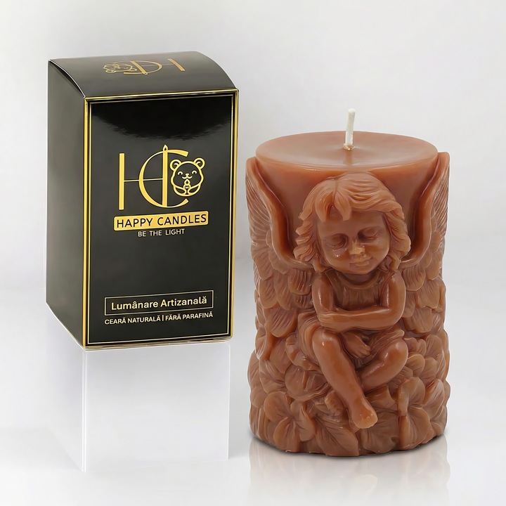 Свещ от естествен пчелен восък, Happy Candles, Ангел-пазител, Корал, Ръчна изработка, Великден, Коледа, 320гр