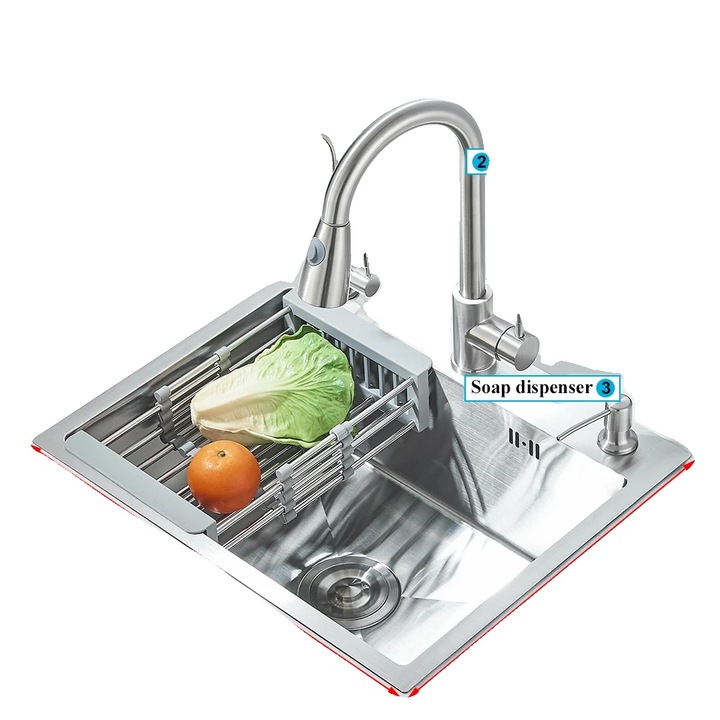 Chiuveta bucatarie, design topmount, inclus robinet si dispenser de sapun, nichel, 55x45cm