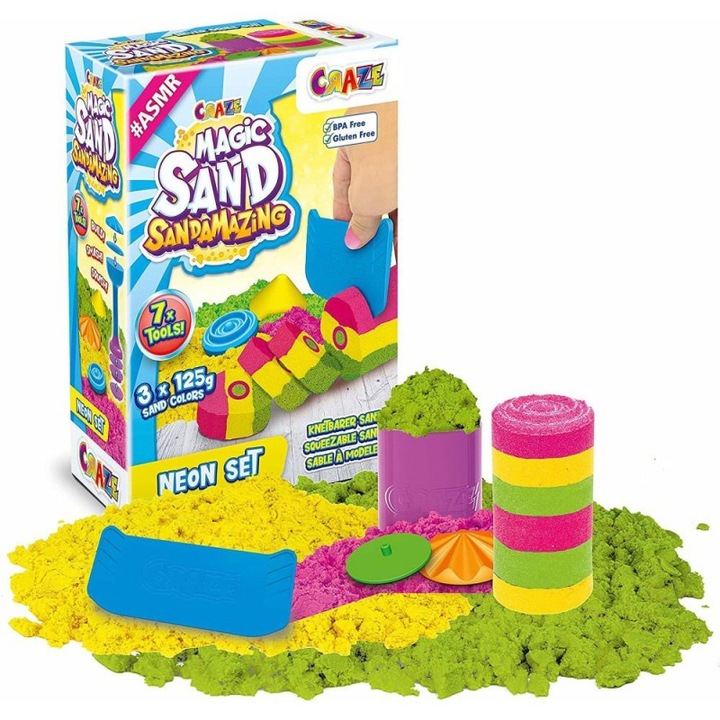 Set de joaca nisip kinetic colorat 3x125 g, 7 accesorii incluse, +3 ani