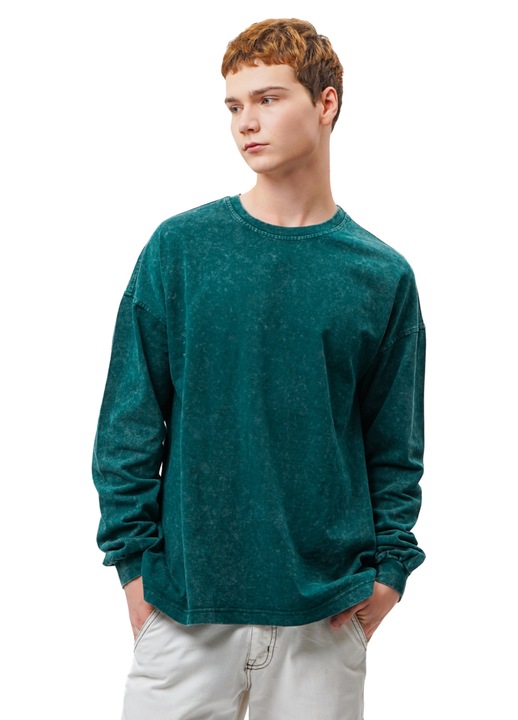 Tricou Cu Maneca Lunga Pentru Barbati, Mod Kids, Marimea 46, Material: 100% Bumbac, Croi Lejer, Oversized, Spalare Vintage, Respirabil Si Delicat Cu Pielea, Confortabil Pentru Uz Zilnic, Emerald