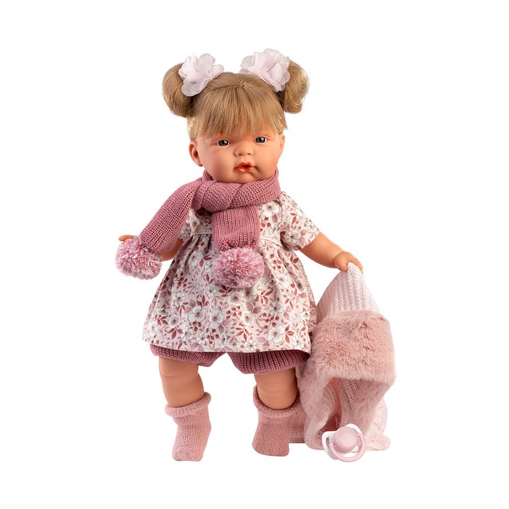 Papusa Llorens, Joelle cu jacheta si fular roz, cu sunete, 38 cm